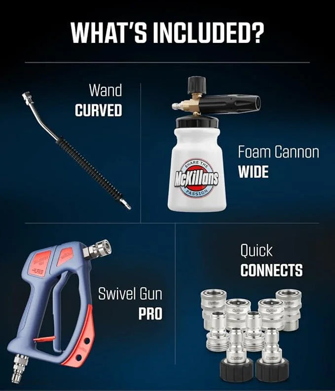 McKillans® Swivel Gun PRO + Foam Cannon Wide Month + Car Pressure Washer Extension Wand + Srainless Steel Quick Connect Kit M22-14mm to 3/8" Male Female Quick Disconnect Kit for Power Wash Bundle - NeatNest