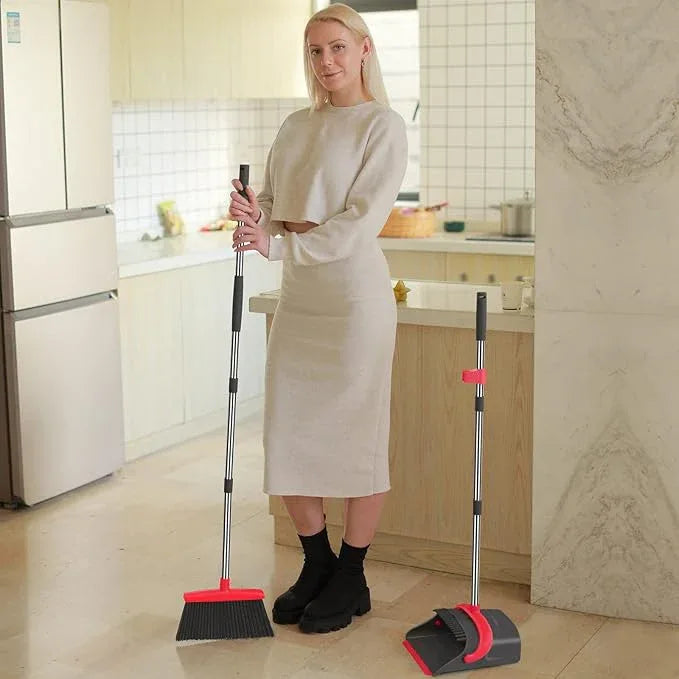 Broom and Dustpan Set,Broom with Dustpan Combo Set Dust pan with Long Handle, for Home Kitchen Room Office Lobby Floor Use Upright Stand Up(Gray&Red) - NeatNest