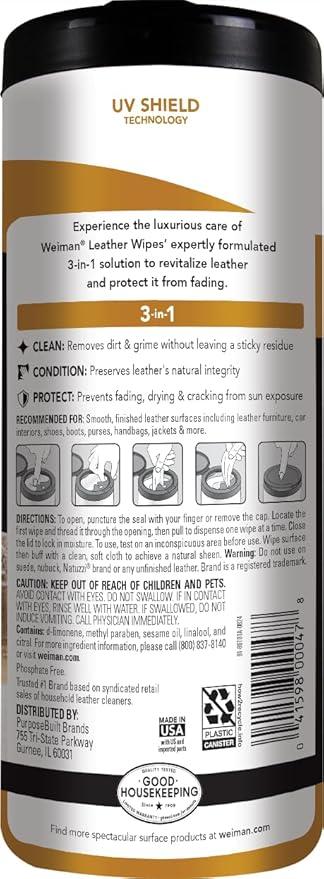 Weiman Leather Cleaner Wipes - Clean Condition UV Protection Help Prevent Cracking or Fading of Furniture, Car Interior, Couch, and Shoes, 4 Pack - NeatNest