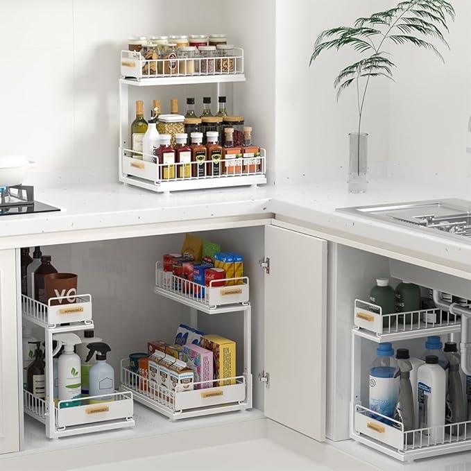 Under Sink Organizer Kitchen, Pull Out Cabinet Organizer 2 Tier Slide Out Sink Shelf Cabinet Storage Shelves, Under Sink Storage for Kitchen Bathroom Cabinet, White, 1 Pack - NeatNest