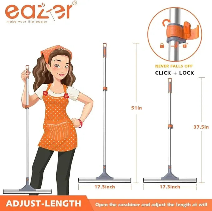 Eazer Floor Squeegee Broom: Heavy Duty Scrubber with Extendable 50.3'' Aluminum Pole and Rubber Blade for Kitchen, Swimming Pool, Concrete Floors,Shower,Tiles,Garages,Windows,Glass,Pet Hair Removal - NeatNest