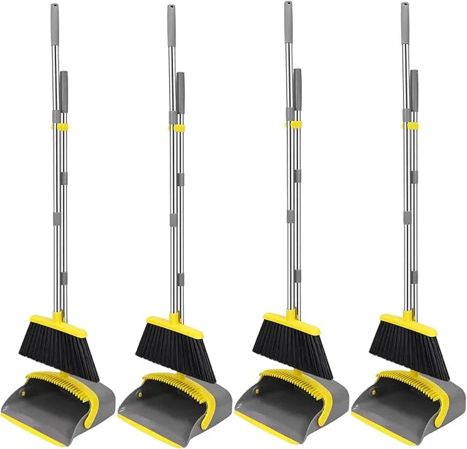 NACENA Broom and Dustpan Set, 52-in Long Adjustable Handle Broom Dustpan Combo with Dustpan Teeth to Automatically Clean Hair Suitable for Home Kitchen Office Hall Floor (Grey&Yellow), 4 Pack - NeatNest