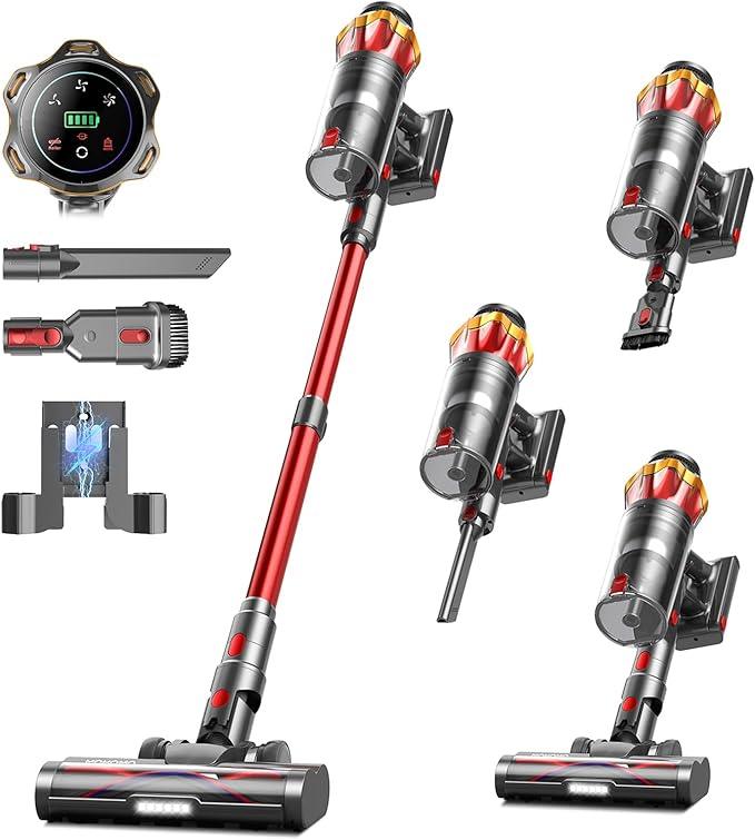 Cordless Vacuum Cleaner, 650W 55KPa 70Mins Vacuum Cleaners for Home, Self-Standing Stick Vacuum with Anti-Tangle Brush & OLED Touch Screen, Vacuum Cleaner for Hardwood Floors,Carpet,Pet Hair,Car (Red) - NeatNest
