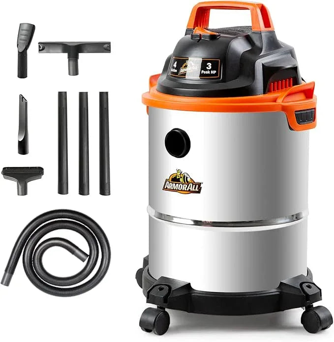 Armor All VO408S 0901 4 Gallon 3 Peak HP Stainless Steel Wet/Dry Vacuum, Orange - NeatNest