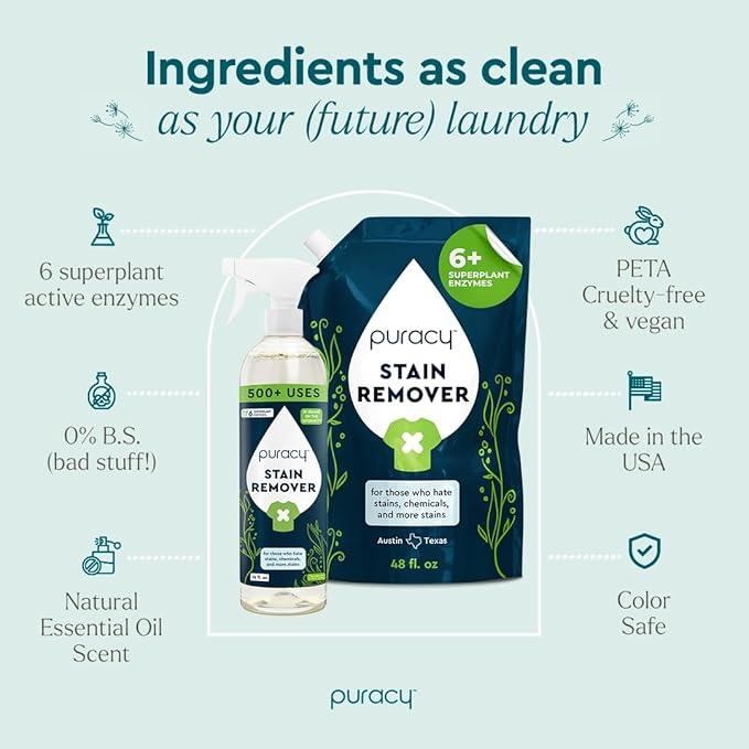 Puracy Stain Remover, Natural Based Travel and Laundry Stain Cleaner for Clothes, Baby Essentials, Kids Stains, Oil and Fabric Spot Cleaner, Unscented (Stain Remover Spray and Refill, 64 fl oz) - NeatNest