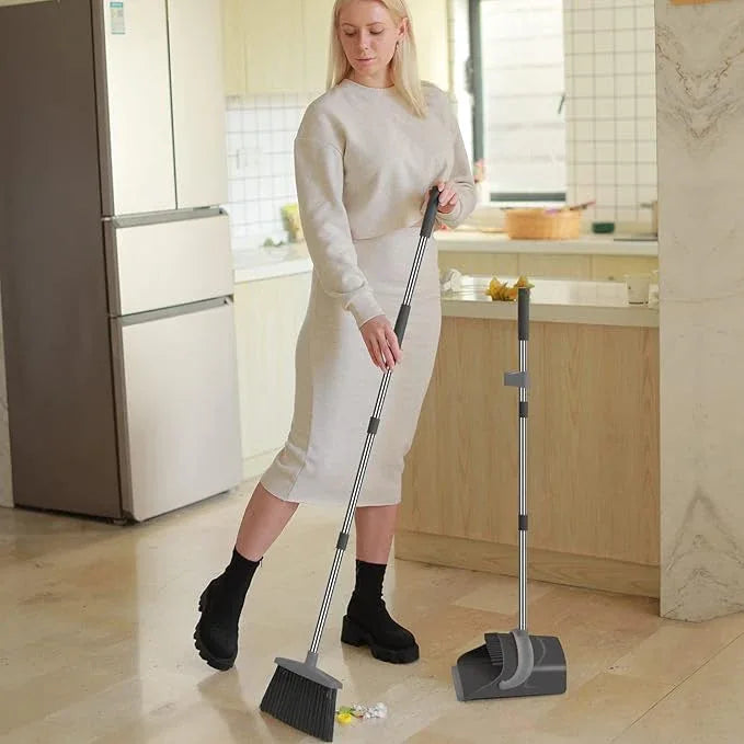 Broom and Dustpan Set, Dust pan with Long Handle, Broom with Dustpan Combo Set, Broom and Dustpan for Home, Indoor or Outdoor Cleaning Tool (Deep Gray&Light Gray) - NeatNest