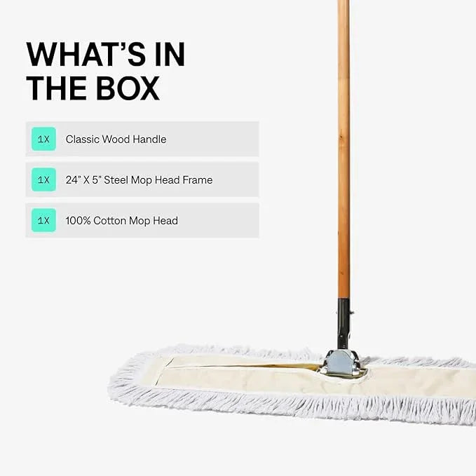 Commercial Dust Mop & Floor Sweeper, 24 in. Dust Mop for Hardwood Floors, Cotton Mop Head, Wooden Broom Handle, Industrial Dry Mop for Floor Cleaning & Janitorial Supplies - NeatNest