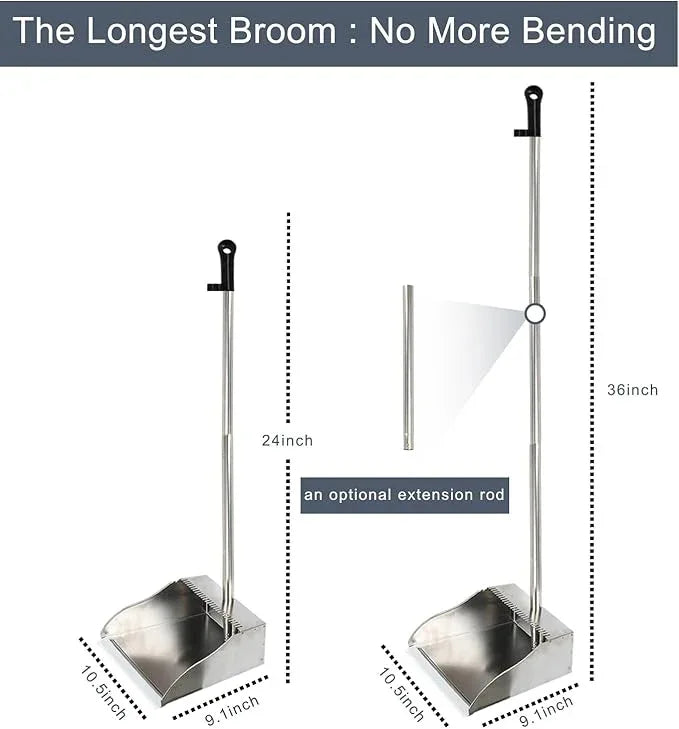Metal Dustpan Long Handle Stainless Steel Dustpan,Heavy Duty Standing Dust Pan with Teeth, Indoor Outdoor Up for Home Kitchen Lobby Room Office - NeatNest
