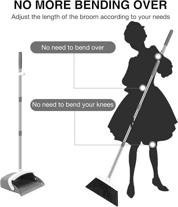 NACENA Broom and Dustpan Set, 52-in Long Adjustable Handle Broom Dustpan Combo with Dustpan Teeth to Automatically Clean Hair Suitable for Home Kitchen Office Hall Floor (Grey&White), 2 Pack - NeatNest