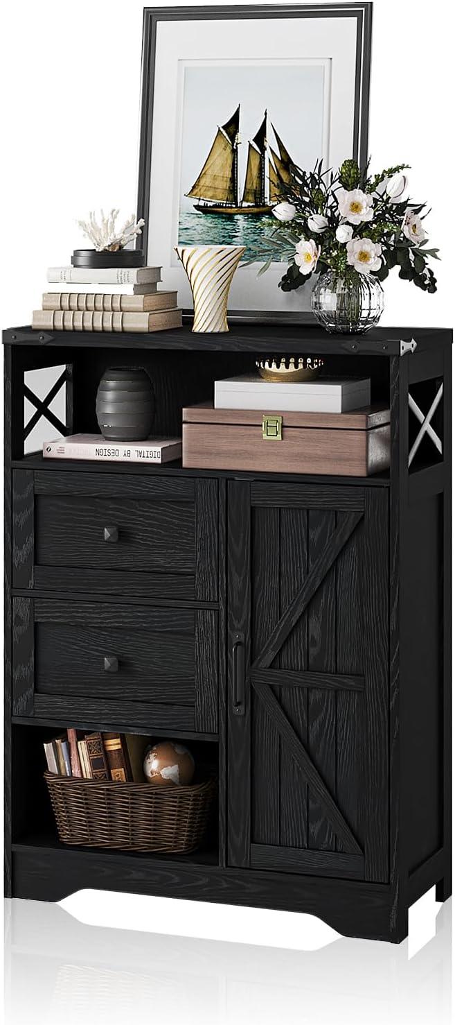 Fameill Farmhouse Storage Cabinet with 2 Drawers & Shelves,Freestanding Kitchen Cabinet with Doors,Floor Storage Organization for Living Room,Bathroom,Laundry,Black - NeatNest