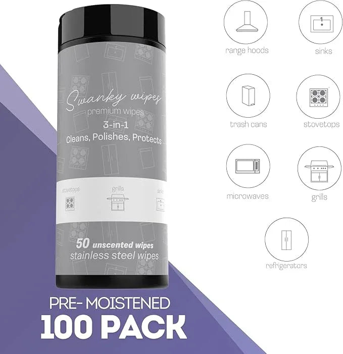Swanky Stainless Steel Cleaner Wipes - Grime & Grease Remover Kitchen Cleaning Supplies - Clean & Shine, For Stove Top, Refrigerator, Sink, Oven, & Household Appliances - Canister, 100 Count - NeatNest