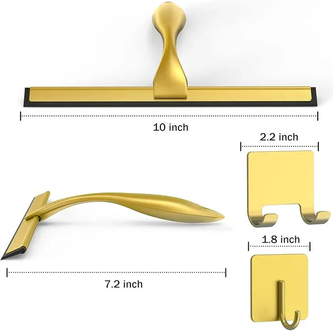 All-Purpose Stainless Steel Shower Squeegee for Shower Doors with 2 Adhesive Hooks, Bathroom Cleaner Tool Household Window Mirror Squeegee for Home Cleaning, Glass Door, Tile Wall, Car, 10 Inch Golden - NeatNest