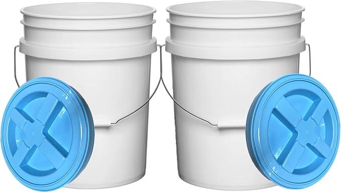 House Naturals Food Grade 5 Gallon Made in USA Plastic Bucket with Air Tight Screw on Lid (Pack of 2) (White Buckets with Aqua Lids) - NeatNest