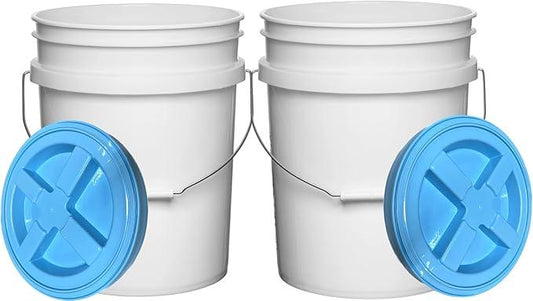 House Naturals Food Grade 5 Gallon Made in USA Plastic Bucket with Air Tight Screw on Lid (Pack of 2) (White Buckets with Aqua Lids) - NeatNest