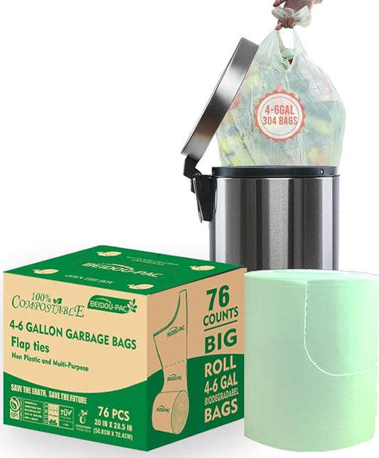 4-6 Gallon Flap Tie Compostable Trash Bags, 76 Count, Kitchen Compost Bags, Sturdy Biodegradable Garbage for Food Scrap Waste, ASTM D6400, US BPI Certified - NeatNest