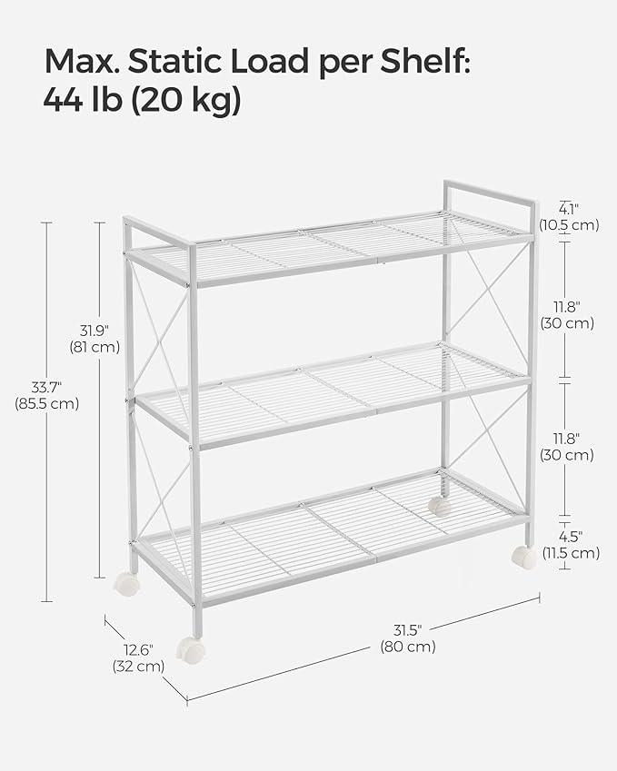 SONGMICS 3-Tier Metal Storage Rack with Wheels, Mesh Shelving Unit with X Side Frames, 31.5-Inch Width, for Entryway, Kitchen, Living Room, Bathroom, Industrial Style, White UBSC183W01 - NeatNest