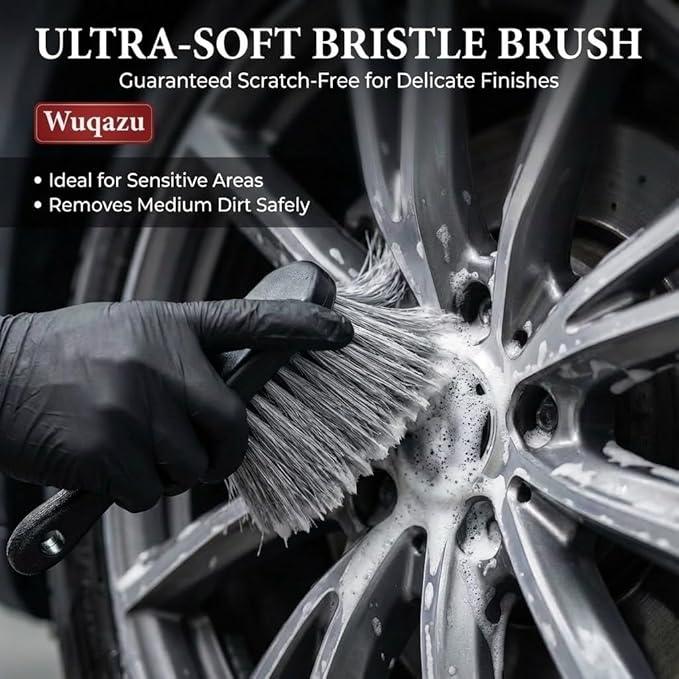 Wuqazu 8PCS All-in-One Wheel & Tire Cleaning Kit - 360° Flexible Synthetic Wool Rim Brush, 2 Dual-Hardness Brushes, Dressing Pads & Storage Bag | Scratch-Free for All Vehicles - NeatNest