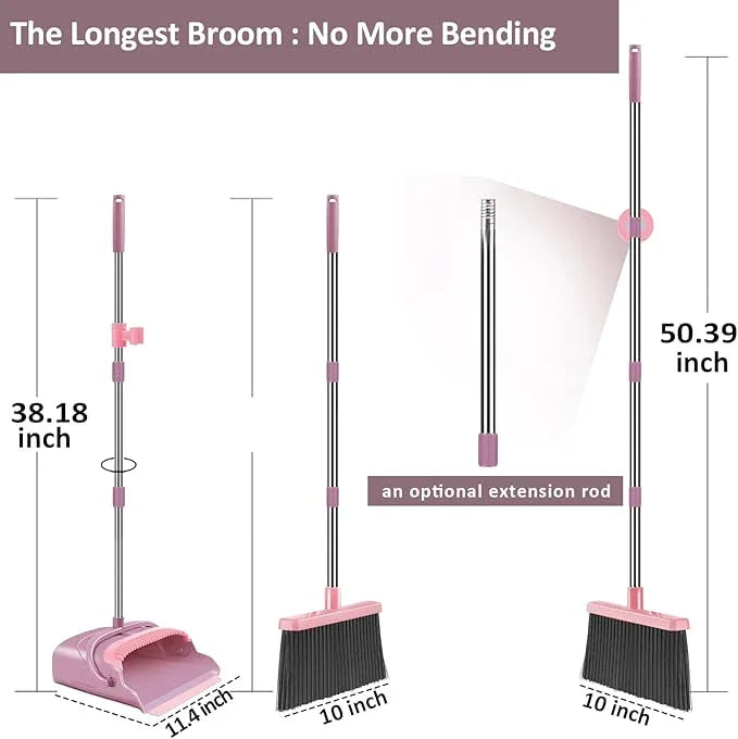 kelamayi Broom and Dustpan Set for Home, Office, Indoor&Outdoor Sweeping, Stand Up Broom and Dustpan (Pink) - NeatNest