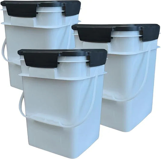House Naturals 4 Gallon Square Food Grade Bucket Pail with Plastic Handles and Lid (Pack of 3) Made in USA containers (White - Black lids) - NeatNest