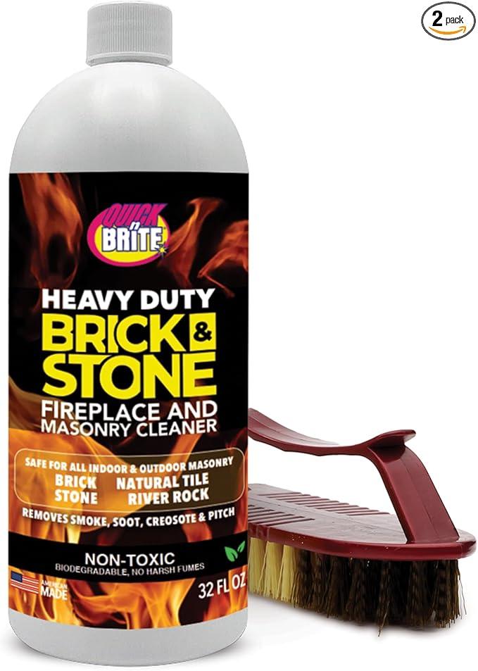 Quick'n Brite Fireplace Brick and Stone Cleaner 32oz with Scrub Brush - Natural Stone, Tile, and Marble Cleaner - Indoor Fireplace and Wood Stove Cleaning Kit - Pellet Stove Creosote Remover - NeatNest