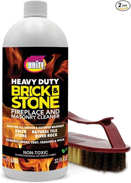 Quick'n Brite Fireplace Brick and Stone Cleaner 32oz with Scrub Brush - Natural Stone, Tile, and Marble Cleaner - Indoor Fireplace and Wood Stove Cleaning Kit - Pellet Stove Creosote Remover - NeatNest