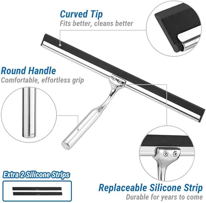 ecooe Stainless Steel Shower Squeegee with Hook, 12″ Shower Glass Cleaner Wiper Scraper with 2 Replacement Blade Window Squeegee for Home Bathroom Kitchen Car Glass Doors - NeatNest
