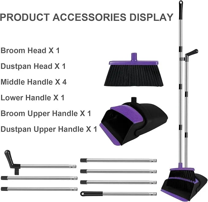 Broom with Dustpan Combo Set, 51" Household Dustpans and Broom, Standing Dust Pan Set for Home, Purple Cleaning Set for Kitchen Lobby Indoor Outdoor - NeatNest