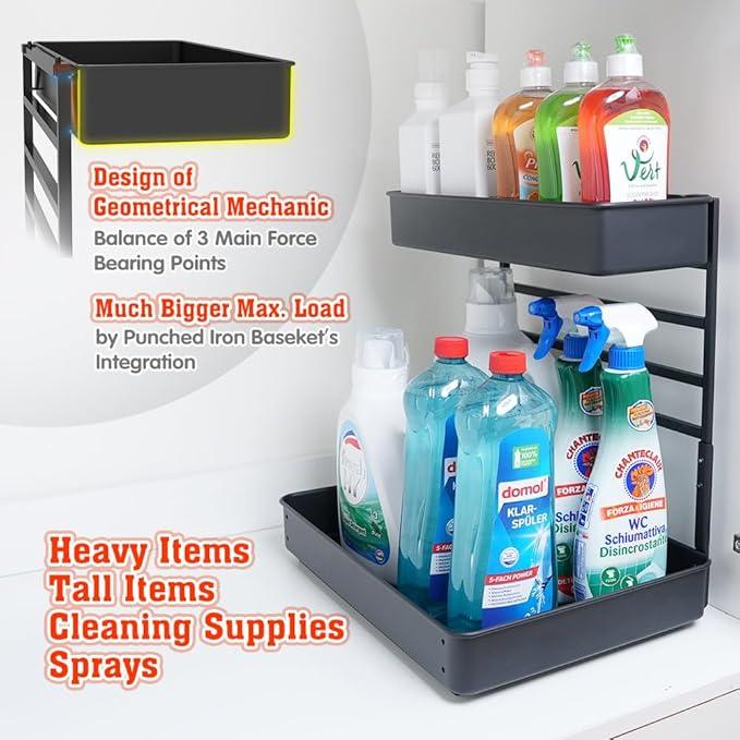 EVERIE Metal Pull Out Slide Shelf Organizer for Under Sink Organization in Kitchen, Bathroom, Counter, Cabinets, Minimum Available Space 13" Wide x 16.5" Deep (Black, 1 Set) - NeatNest