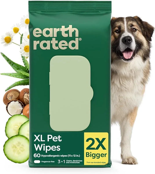Earth Rated XL Pet Wipes for Dogs & Cats, 3-in-1 Unscented Hypoallergenic Cleaning, Deodorizing and Hydrating Extra Large Grooming for Body, Paws and Butt, Unscented, 60 Count - NeatNest
