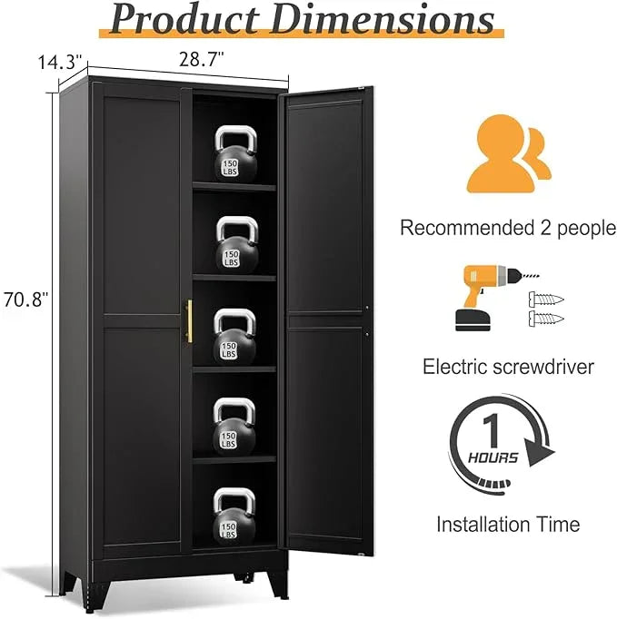 Black Pantry Storage Cabinet,71" Kitchen Pantry with Doors and 4 Adjustable Shelves, Metal Storage Cabinet, for Office, Home, Garage, School - NeatNest