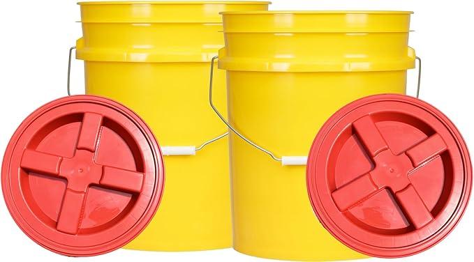 House Naturals 5 Gal Food Grade BPA Free Made in USA Yellow Plastic Buckets Premium 90 mil pails with Gasket Screw On Lids - Pack of 2 (Red Lids) - NeatNest