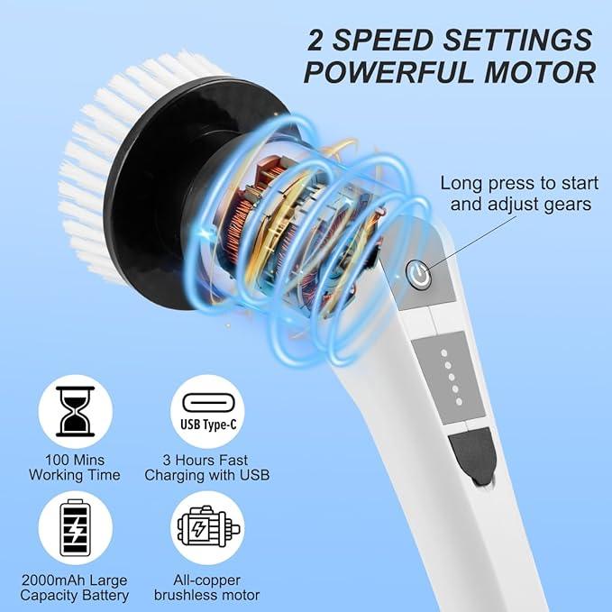 Electric Spin Scrubber,Cordless Spin Scrubber for Cleaning with 8 Replaceable Brush Heads,Shower Scrubber with Adjustable Detachable Handle for Bathroom,Kitchen - NeatNest