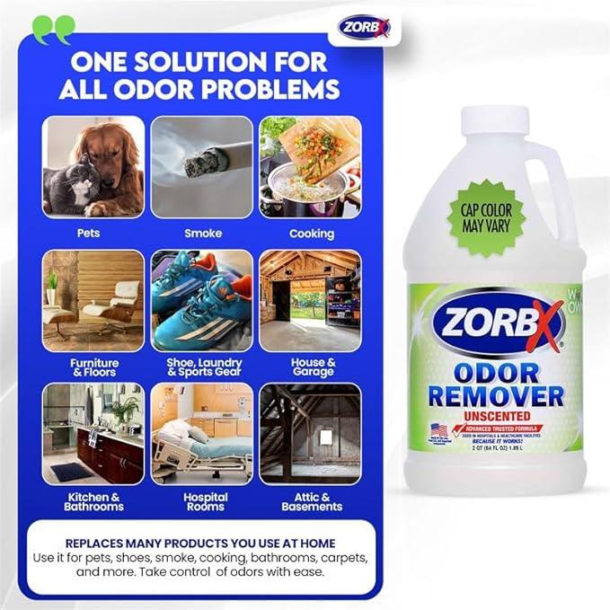 ZORBX Unscented Odor Eliminator for Strong Odor 64 oz - Used in Hospitals & Healthcare Facilities - Advanced Trusted Formula, Fast-Acting Odor Remover Spray for Dog, Cat, House & Carpet - NeatNest