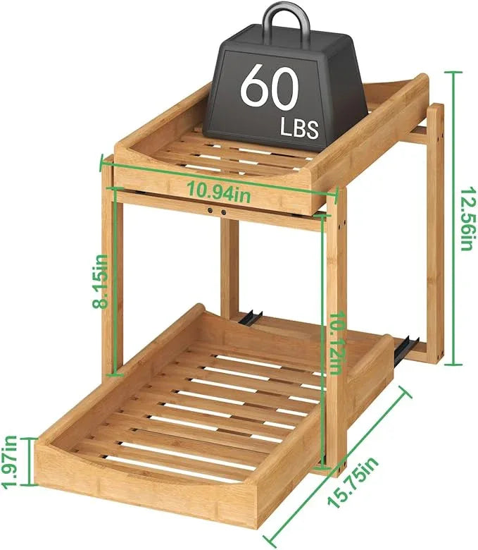 Bamboo Under Sink Organizer and Storage, 2 Pack Pull Out Cabinet Organization, 2 Tier Vertical Slide Out Undersink Storage Shelf, Multi-Purpose Organizer Shelves for Kitchen Bathroom Medicine - NeatNest