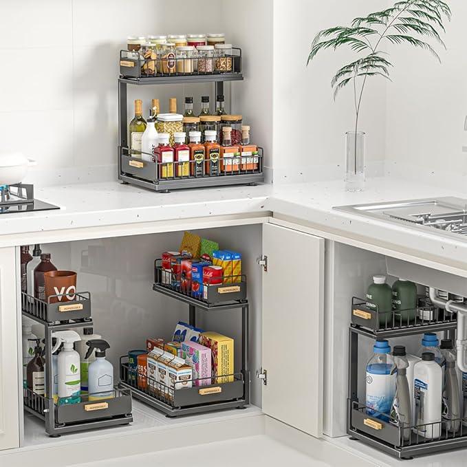Under Sink Organizer Kitchen, 2 Tier Under Sink Organizers and Storage, Pull out Cabinet Organizer Shelf, Metal Drawer for Kitchen Bathroom Pantry Cabinet Closet Organization Rack, Black, 1 Pack - NeatNest