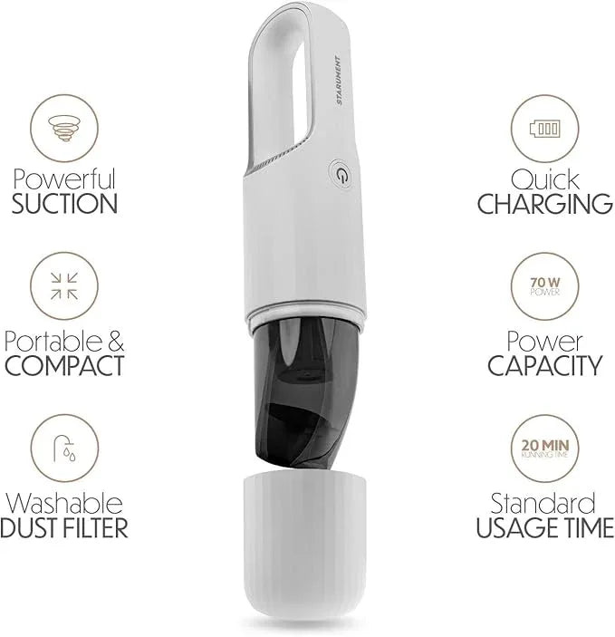 STARUMENT Portable Hand Vacuum Cleaner Handheld Cordless Cleaner for Dust Pet Hair Dirt, Home, Car Interior, Lightweight, Easy to Use, Compact Design Battery Rechargeable with USB-C Cable White - NeatNest