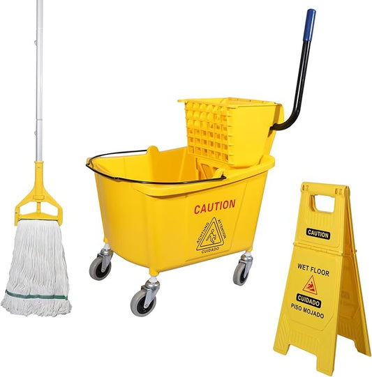 Side Press Wringer Combo Commercial Mop Bucket on Wheels, 35 Quart,Yellow, Including Wet Floor Caution Sign（24Inch） and One Industrail Mop
