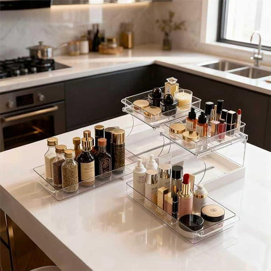 Pull Out 2 Tier Under Sink Organizer Clear Cabinet Organizer for Kitchen Bathroom Storage Rotating Pantry Rack for Spice Organization and Makeup Organizer for Drawer Durable Design 2 Pack - NeatNest