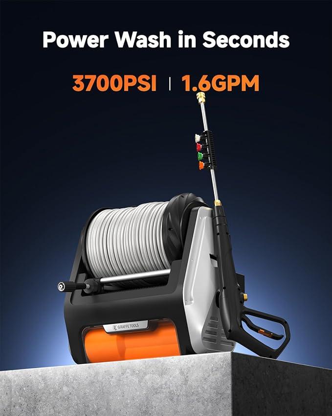 Giraffe Tools Wall Mount Pressure Washer PRO with Max 3700PSI 1.6 GPM, Upgraded 1800W Brushless Motor, Electric Power Washer with 100ft Pressure Hose, 4-Nozzles, Foam Cannon, Automatic Rewind - NeatNest