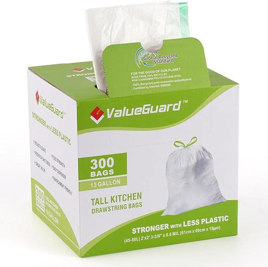Large Trash Bags 13 Gallon Tall Drawstring 100% Post-Consumer Recycled Garbage Bag Waste Bag for Kitchen Office 0.6 Mil (300 Count) - NeatNest