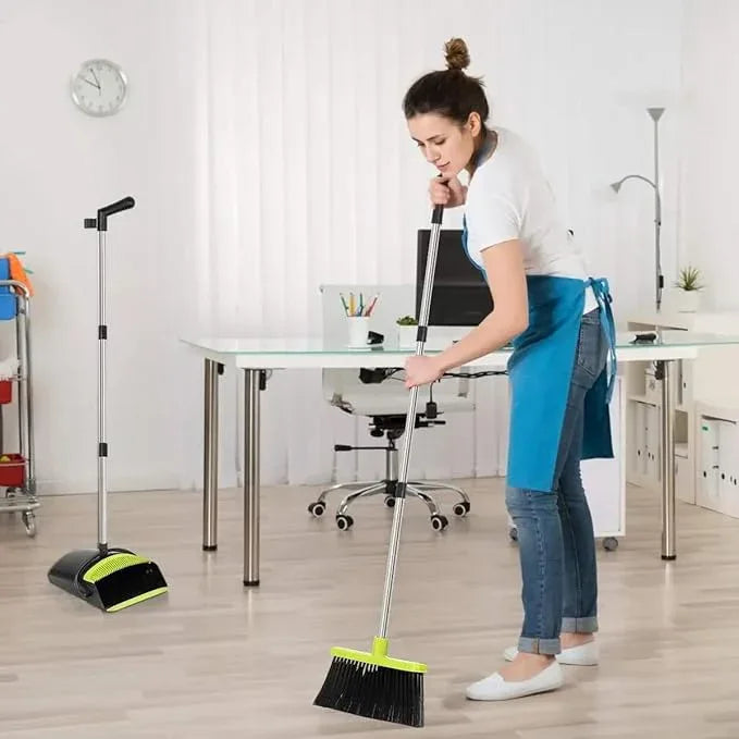 Standing Broom and Dustpan Set, Built-in Scraper Teeth, No-Slip Grip, Dust Collection Tray for Home, Office, Lobby, and Outdoor, Adjustable Handle from 38.18" to 52" (Black & Green) - NeatNest