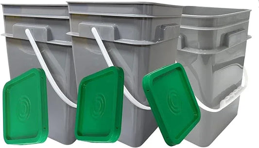 House Naturals 4 Gallon Square Food Grade Bucket Pail with Plastic Handles and Lid (Pack of 3) Made in USA containers (Gray Buckets-Green lids) - NeatNest