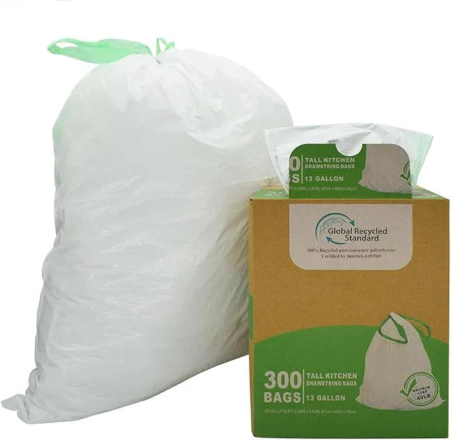 TYPLASTICS 300 Count 13 Gallon Tall Kitchen Drawstring Trash Bags, GRS Compliant, Eco-Friendly Recycled Material - NeatNest
