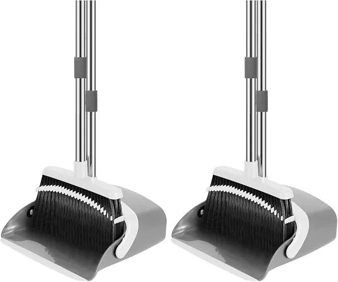 NACENA Broom and Dustpan Set, 52-in Long Adjustable Handle Broom Dustpan Combo with Dustpan Teeth to Automatically Clean Hair Suitable for Home Kitchen Office Hall Floor (Grey&White), 2 Pack - NeatNest