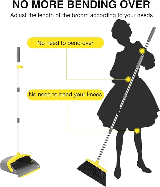 NACENA Broom and Dustpan Set, 52-in Long Adjustable Handle Broom Dustpan Combo with Dustpan Teeth to Automatically Clean Hair Suitable for Home Kitchen Office Hall Floor (Grey&Yellow), 4 Pack - NeatNest