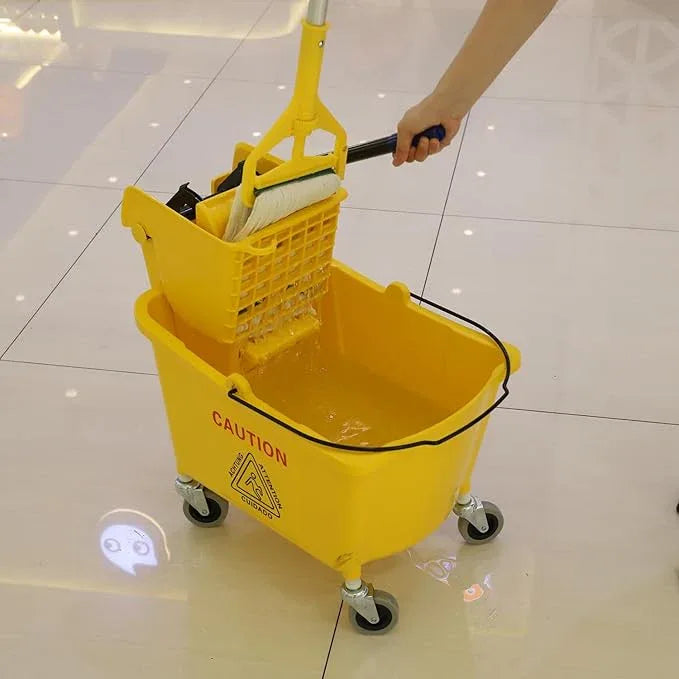 Commercial Mop Bucket with Side Press Wringer on Wheels, 35Qt,Yellow Including One Commercial Mop - NeatNest