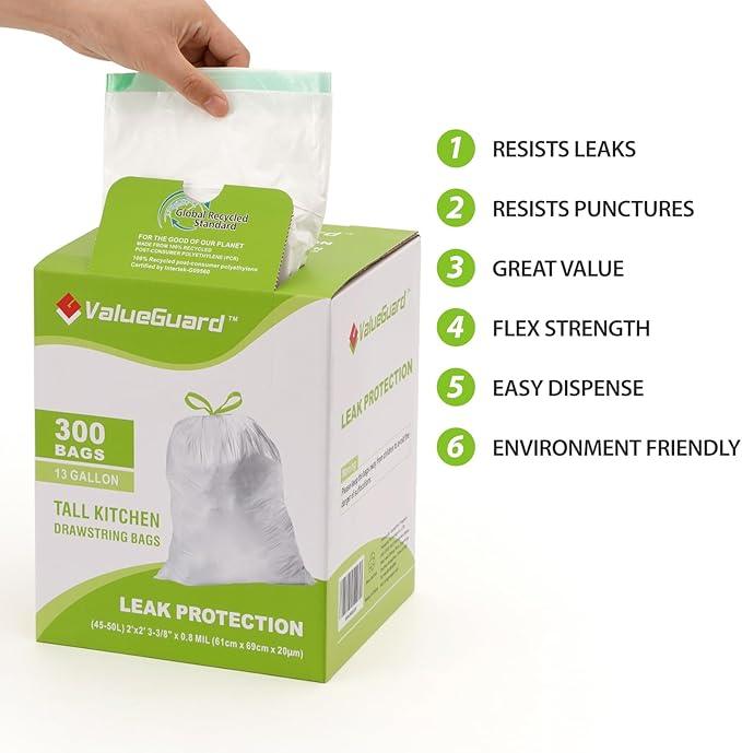 Large Trash Bag 13 Gallon Tall Drawstring 100% Post-Consumer Recycled Garbage Bag Waste Bag for Kitchen Office 0.8 Mil (300 Count) - NeatNest