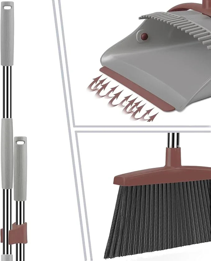 Ivandar Broom with Dustpan Combo Set, 50.6 inch Long Handle, Upright Standing Broom and Dustpan Set Quiet Cleaning Tool Sweep The Floor Dust pan Removes 4 Times More Pet Hair(Brown and Gray) - NeatNest