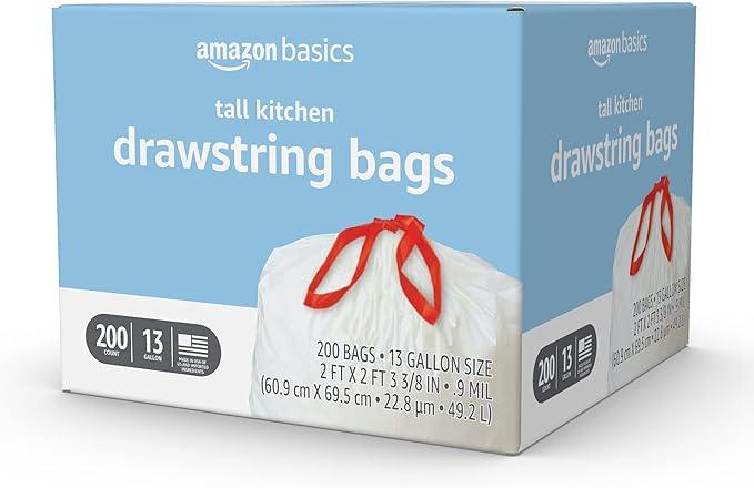 Amazon Basics Scented Trash Bags, Tall Kitchen Drawstring, Clean Fresh Scent, 13 Gallon, 200 Count, Pack of 1 - NeatNest