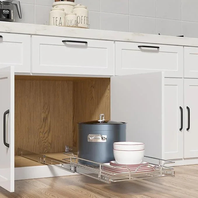OCG Pull Out Cabinet Organizer (12" W x21 D), Pull out Shelves for Kitchen Cabinets, Slide Out Drawers for Base Cabinet Organization in Kitchen Bathroom Pantry, Bottom Mount, Chrome Finish - NeatNest